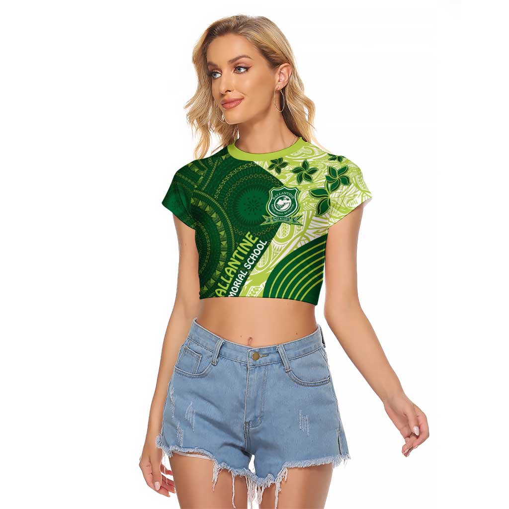 Fiji Ballantine Memorial High School Personalised Raglan Cropped T Shirt Masi Tapa Mix Plumeria LT7 Female Green - Polynesian Pride