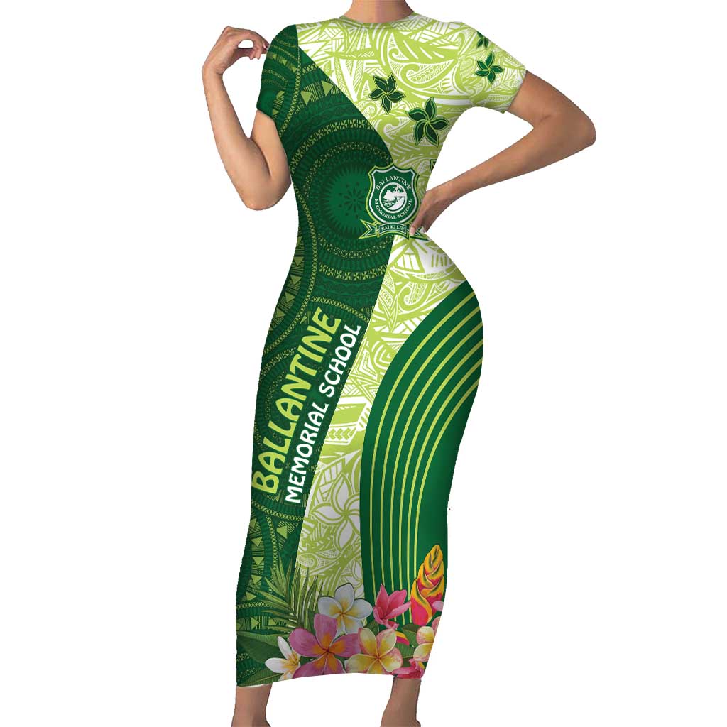 Fiji Ballantine Memorial High School Personalised Short Sleeve Bodycon Dress Masi Tapa Mix Plumeria LT7 Long Dress Green - Polynesian Pride