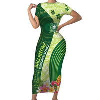 Fiji Ballantine Memorial High School Personalised Short Sleeve Bodycon Dress Masi Tapa Mix Plumeria LT7 Long Dress Green - Polynesian Pride