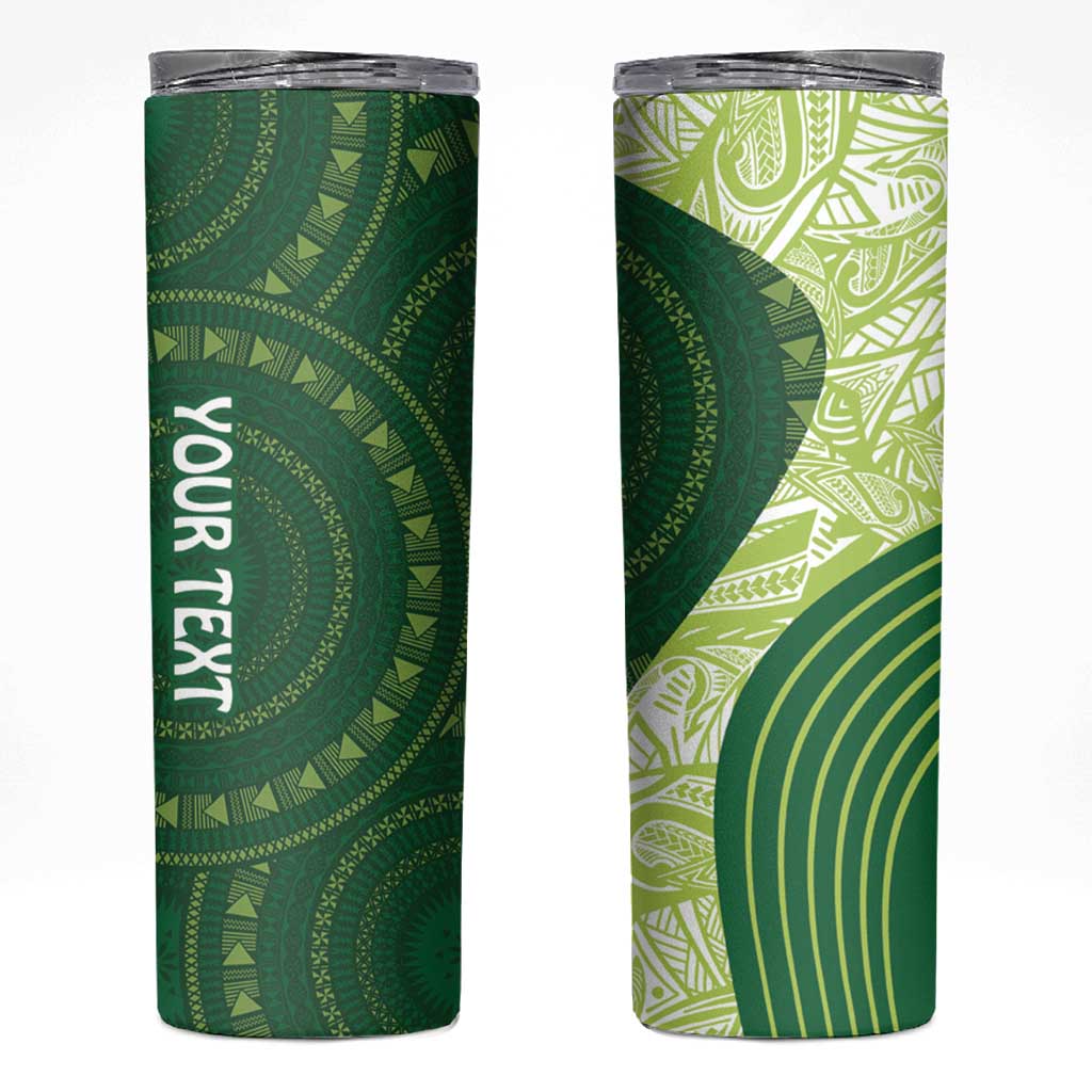 Fiji Ballantine Memorial High School Personalised Skinny Tumbler Masi Tapa Mix Plumeria LT7 Green - Polynesian Pride
