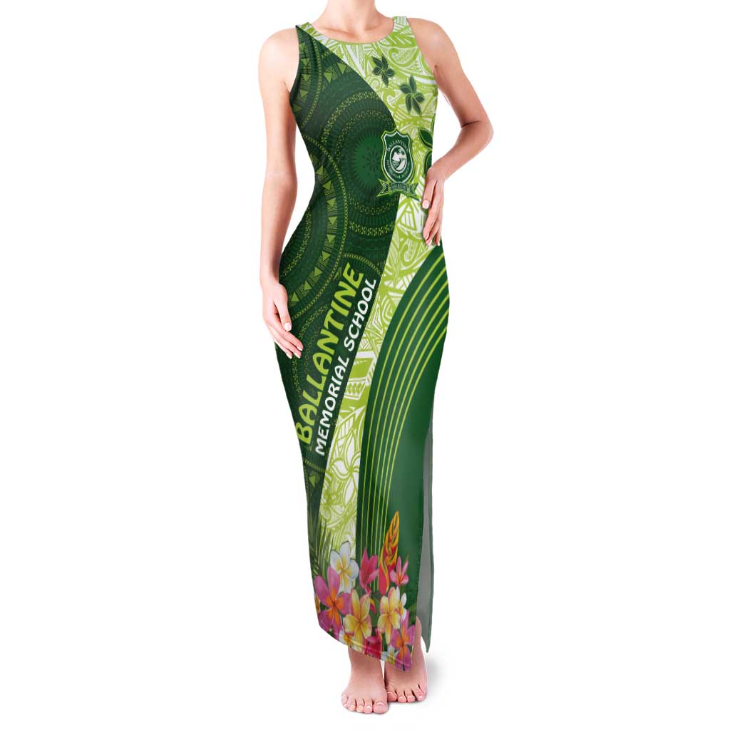 Fiji Ballantine Memorial High School Personalised Tank Maxi Dress Masi Tapa Mix Plumeria LT7 Women Green - Polynesian Pride