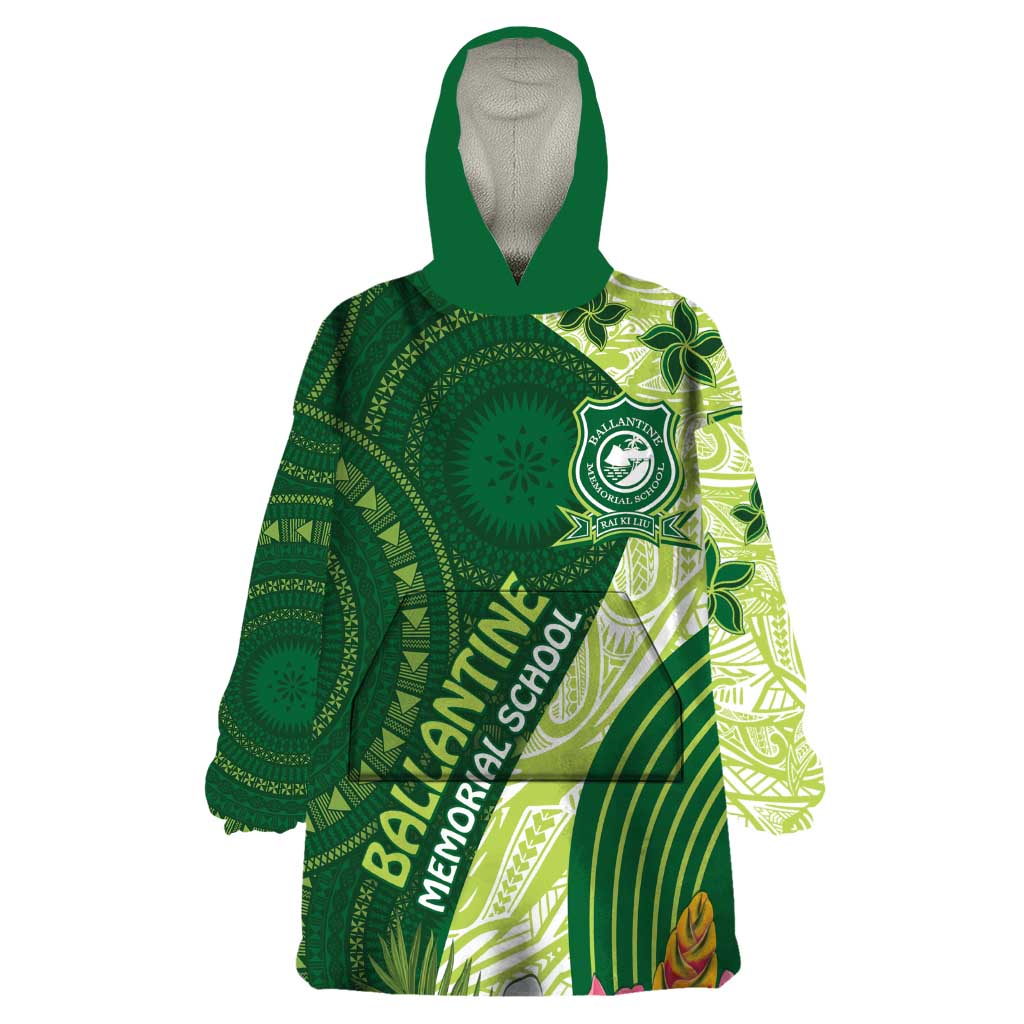 Fiji Ballantine Memorial High School Personalised Wearable Blanket Hoodie Masi Tapa Mix Plumeria LT7 One Size Green - Polynesian Pride