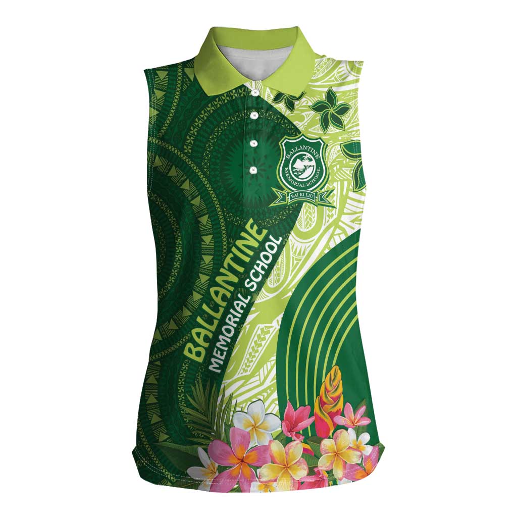 Fiji Ballantine Memorial High School Personalised Women Sleeveless Polo Shirt Masi Tapa Mix Plumeria LT7 Female Green - Polynesian Pride