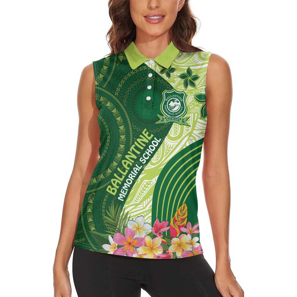 Fiji Ballantine Memorial High School Personalised Women Sleeveless Polo Shirt Masi Tapa Mix Plumeria LT7 - Polynesian Pride