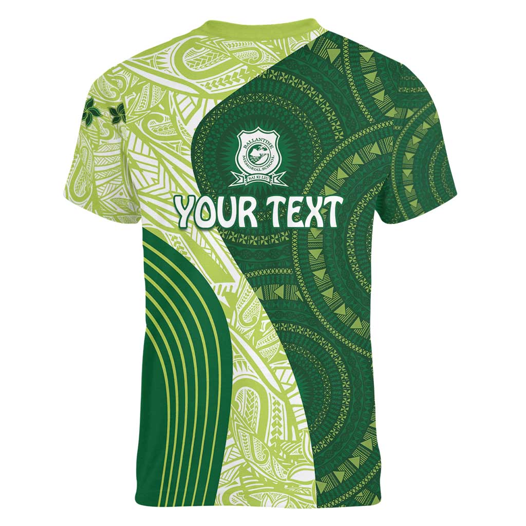 Fiji Ballantine Memorial High School Personalised Women V-Neck T-Shirt Masi Tapa Mix Plumeria LT7 - Polynesian Pride