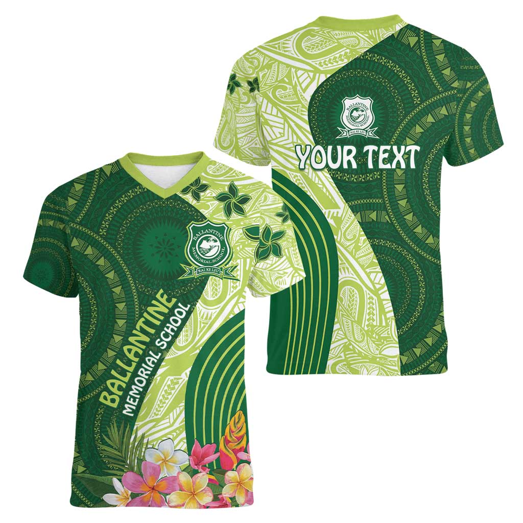 Fiji Ballantine Memorial High School Personalised Women V-Neck T-Shirt Masi Tapa Mix Plumeria LT7 - Polynesian Pride
