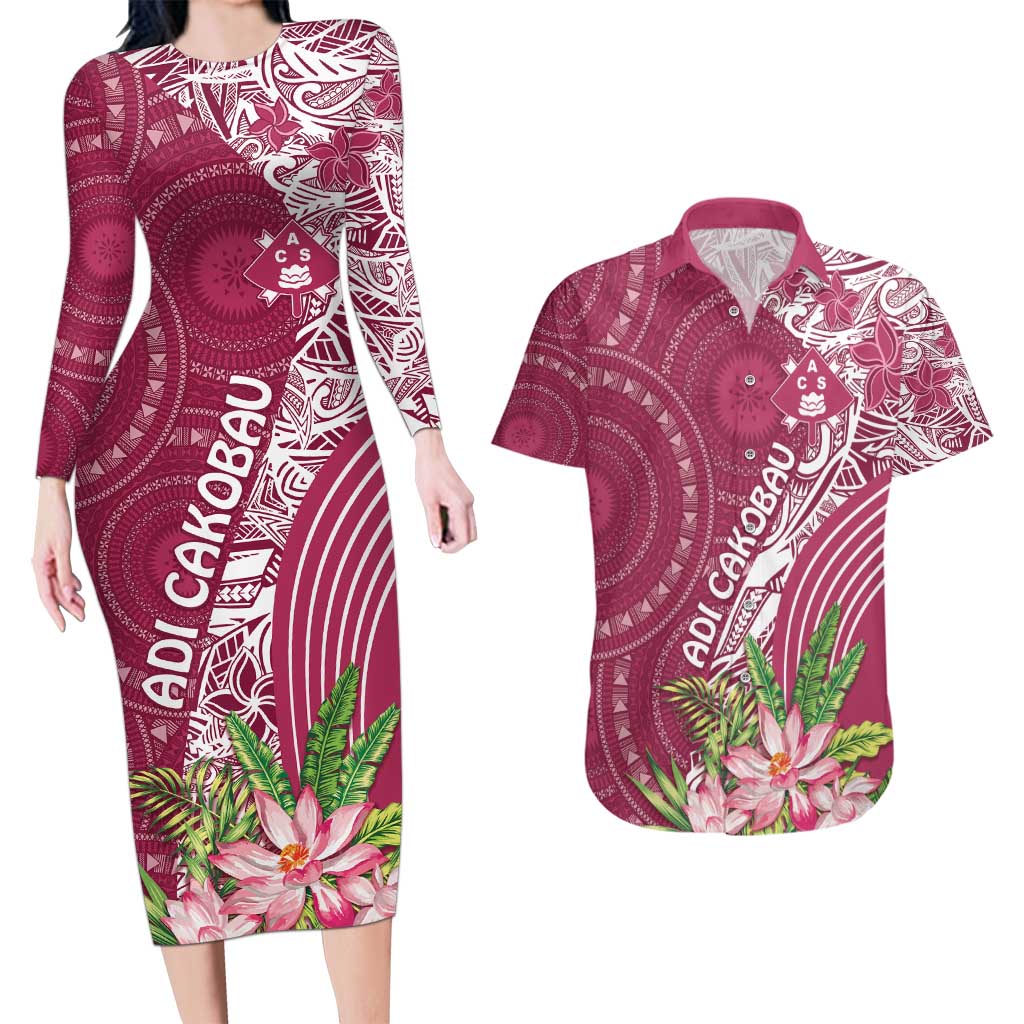 Fiji Adi Cakobau School Personalised Couples Matching Long Sleeve Bodycon Dress and Hawaiian Shirt Masi Tapa Mix Plumeria LT7 Maroon - Polynesian Pride