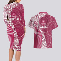 Fiji Adi Cakobau School Personalised Couples Matching Long Sleeve Bodycon Dress and Hawaiian Shirt Masi Tapa Mix Plumeria LT7 - Polynesian Pride