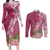 Fiji Adi Cakobau School Personalised Couples Matching Long Sleeve Bodycon Dress and Long Sleeve Button Shirt Masi Tapa Mix Plumeria LT7 Maroon - Polynesian Pride