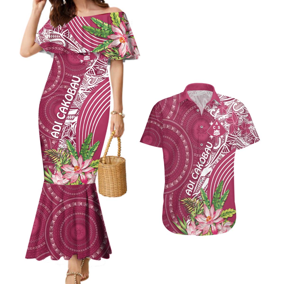Fiji Adi Cakobau School Personalised Couples Matching Mermaid Dress and Hawaiian Shirt Masi Tapa Mix Plumeria LT7 Maroon - Polynesian Pride