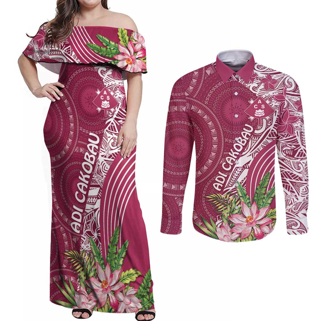 Fiji Adi Cakobau School Personalised Couples Matching Off Shoulder Maxi Dress and Long Sleeve Button Shirt Masi Tapa Mix Plumeria LT7 Maroon - Polynesian Pride