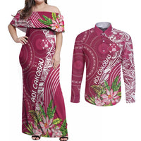 Fiji Adi Cakobau School Personalised Couples Matching Off Shoulder Maxi Dress and Long Sleeve Button Shirt Masi Tapa Mix Plumeria LT7 Maroon - Polynesian Pride