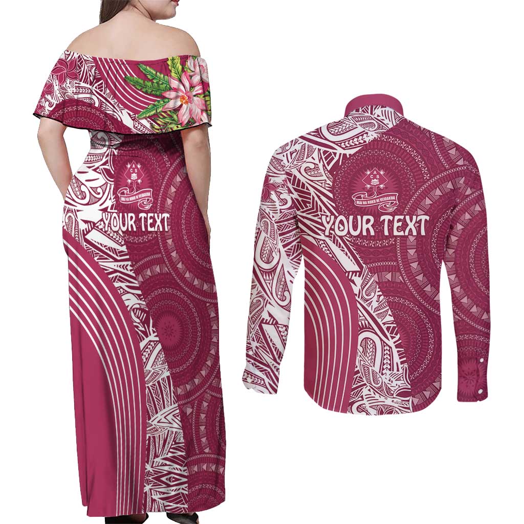 Fiji Adi Cakobau School Personalised Couples Matching Off Shoulder Maxi Dress and Long Sleeve Button Shirt Masi Tapa Mix Plumeria LT7 - Polynesian Pride
