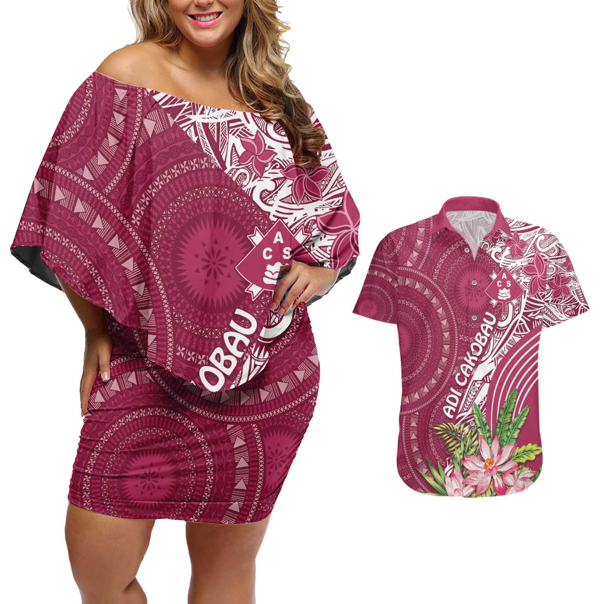 Fiji Adi Cakobau School Personalised Couples Matching Off Shoulder Short Dress and Hawaiian Shirt Masi Tapa Mix Plumeria LT7 Maroon - Polynesian Pride