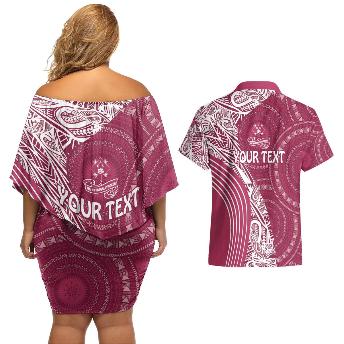 Fiji Adi Cakobau School Personalised Couples Matching Off Shoulder Short Dress and Hawaiian Shirt Masi Tapa Mix Plumeria LT7 - Polynesian Pride