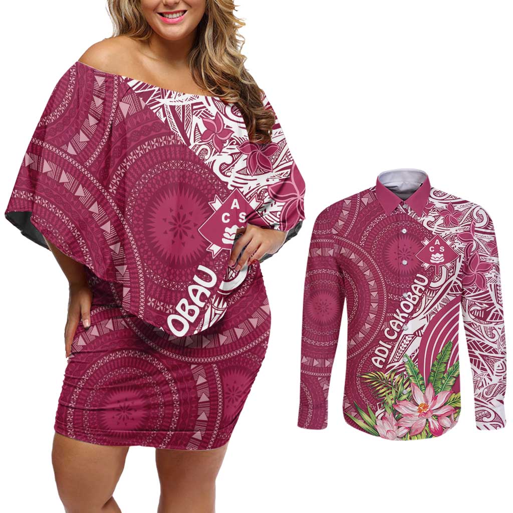 Fiji Adi Cakobau School Personalised Couples Matching Off Shoulder Short Dress and Long Sleeve Button Shirt Masi Tapa Mix Plumeria LT7 Maroon - Polynesian Pride