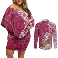 Fiji Adi Cakobau School Personalised Couples Matching Off Shoulder Short Dress and Long Sleeve Button Shirt Masi Tapa Mix Plumeria LT7 Maroon - Polynesian Pride