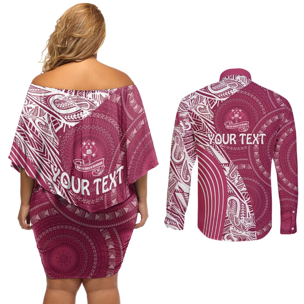 Fiji Adi Cakobau School Personalised Couples Matching Off Shoulder Short Dress and Long Sleeve Button Shirt Masi Tapa Mix Plumeria LT7 - Polynesian Pride