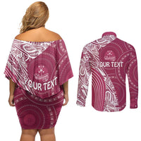 Fiji Adi Cakobau School Personalised Couples Matching Off Shoulder Short Dress and Long Sleeve Button Shirt Masi Tapa Mix Plumeria LT7 - Polynesian Pride