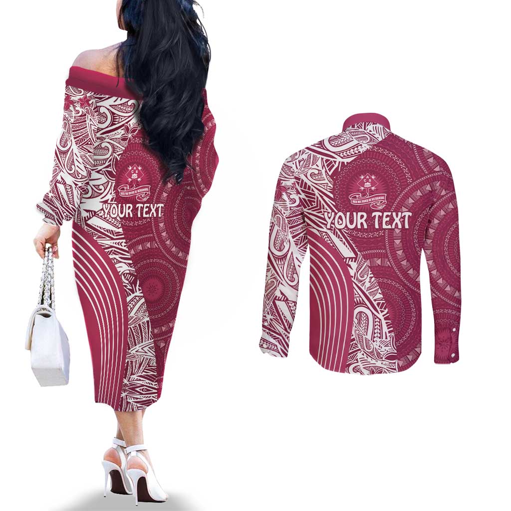 Fiji Adi Cakobau School Personalised Couples Matching Off The Shoulder Long Sleeve Dress and Long Sleeve Button Shirt Masi Tapa Mix Plumeria LT7 - Polynesian Pride