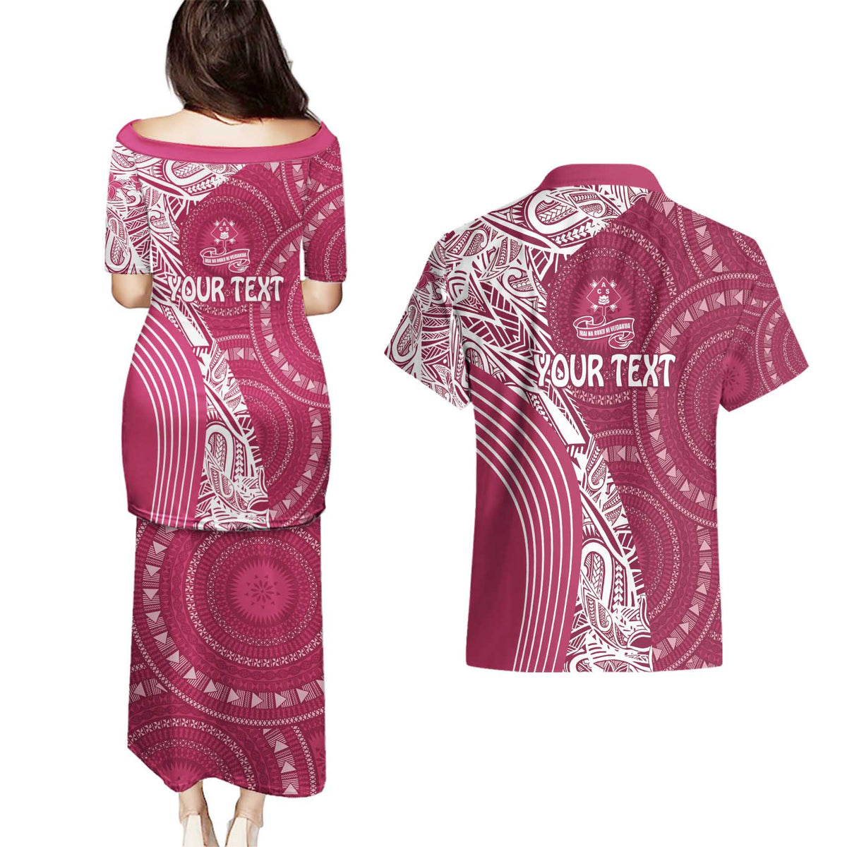 Fiji Adi Cakobau School Personalised Couples Matching Puletasi and Hawaiian Shirt Masi Tapa Mix Plumeria LT7 - Polynesian Pride