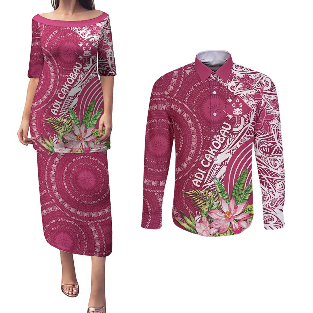 Fiji Adi Cakobau School Personalised Couples Matching Puletasi and Long Sleeve Button Shirt Masi Tapa Mix Plumeria LT7 Maroon - Polynesian Pride