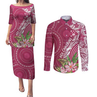 Fiji Adi Cakobau School Personalised Couples Matching Puletasi and Long Sleeve Button Shirt Masi Tapa Mix Plumeria LT7 Maroon - Polynesian Pride
