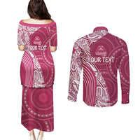 Fiji Adi Cakobau School Personalised Couples Matching Puletasi and Long Sleeve Button Shirt Masi Tapa Mix Plumeria LT7 - Polynesian Pride