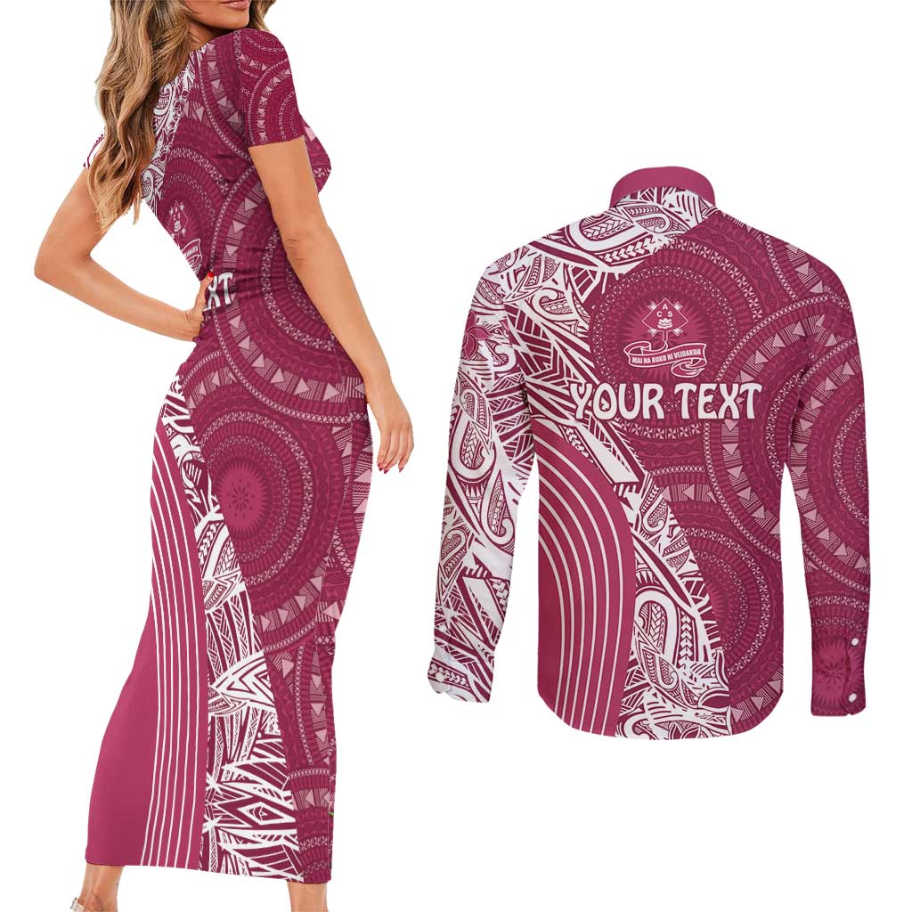 Fiji Adi Cakobau School Personalised Couples Matching Short Sleeve Bodycon Dress and Long Sleeve Button Shirt Masi Tapa Mix Plumeria LT7 - Polynesian Pride