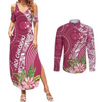 Fiji Adi Cakobau School Personalised Couples Matching Summer Maxi Dress and Long Sleeve Button Shirt Masi Tapa Mix Plumeria LT7 Maroon - Polynesian Pride