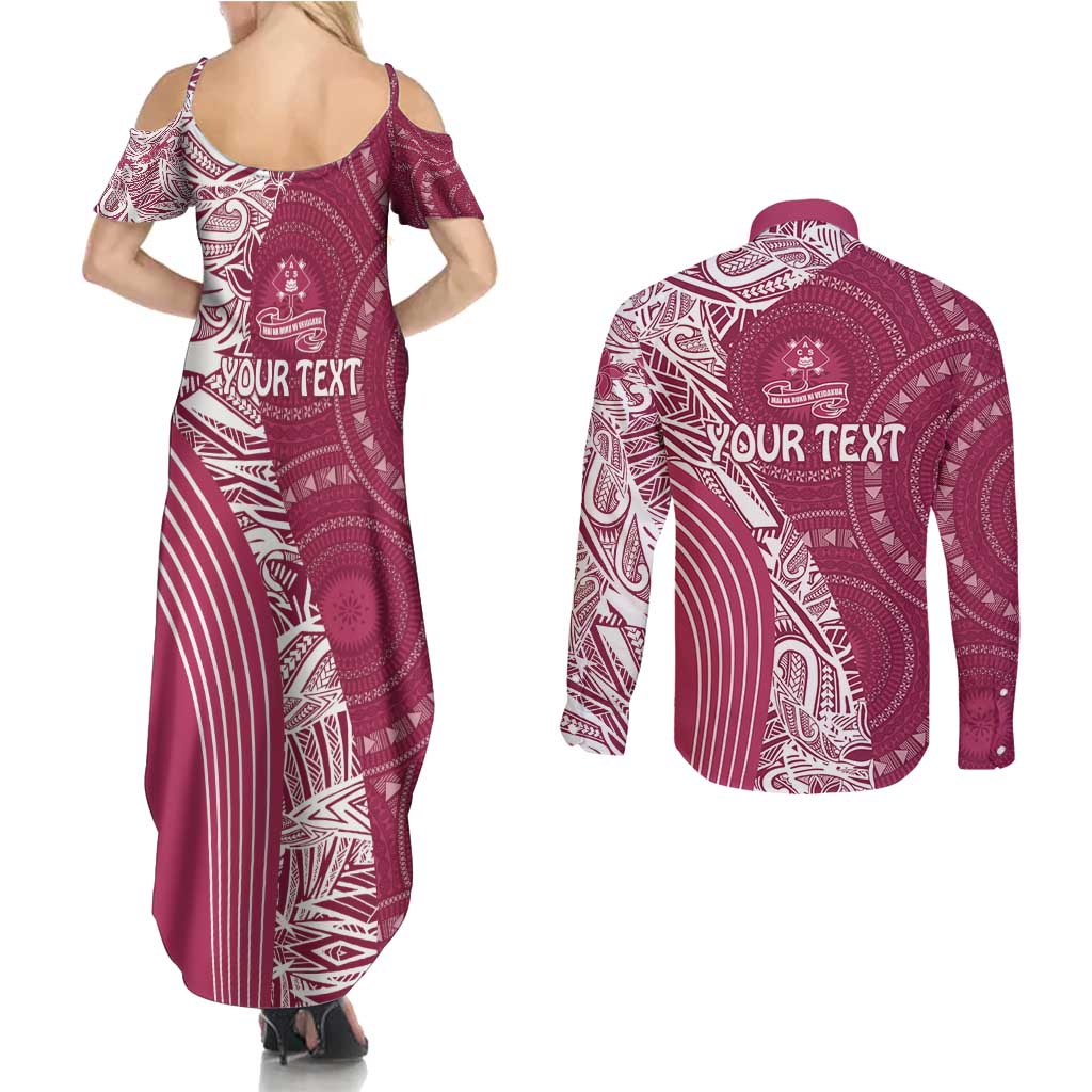 Fiji Adi Cakobau School Personalised Couples Matching Summer Maxi Dress and Long Sleeve Button Shirt Masi Tapa Mix Plumeria LT7 - Polynesian Pride