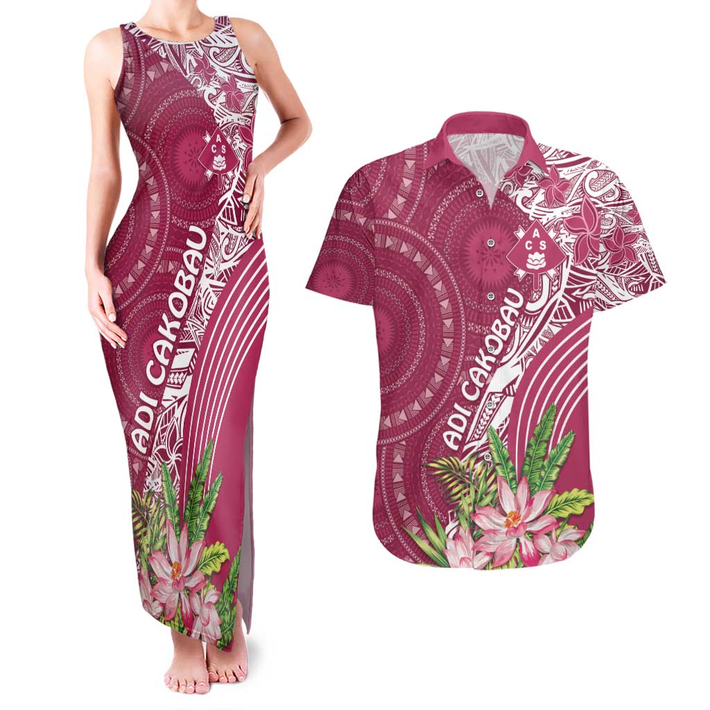 Fiji Adi Cakobau School Personalised Couples Matching Tank Maxi Dress and Hawaiian Shirt Masi Tapa Mix Plumeria LT7 Maroon - Polynesian Pride