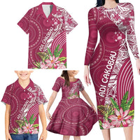 Fiji Adi Cakobau School Personalised Family Matching Long Sleeve Bodycon Dress and Hawaiian Shirt Masi Tapa Mix Plumeria LT7 - Polynesian Pride