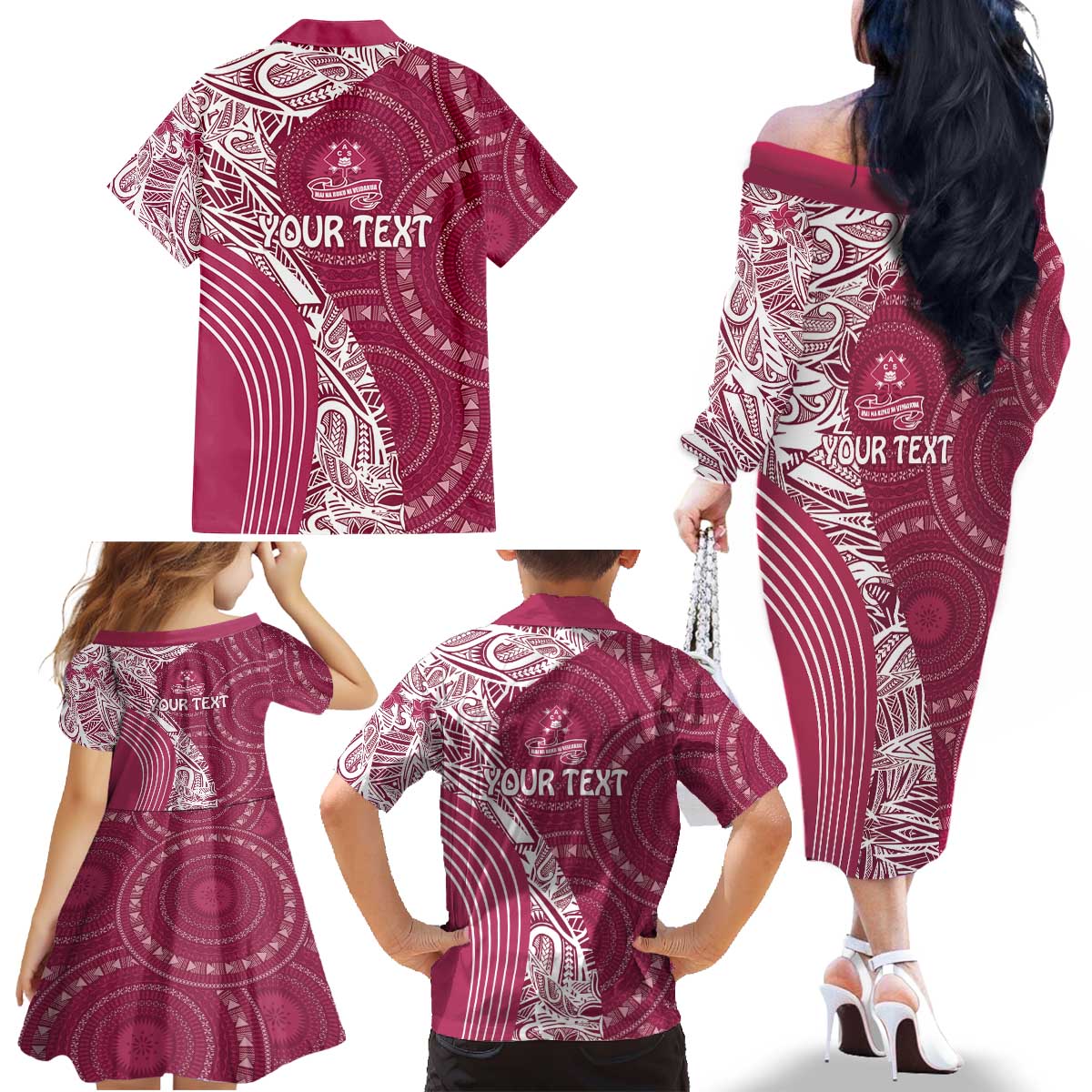 Fiji Adi Cakobau School Personalised Family Matching Off The Shoulder Long Sleeve Dress and Hawaiian Shirt Masi Tapa Mix Plumeria LT7 - Polynesian Pride