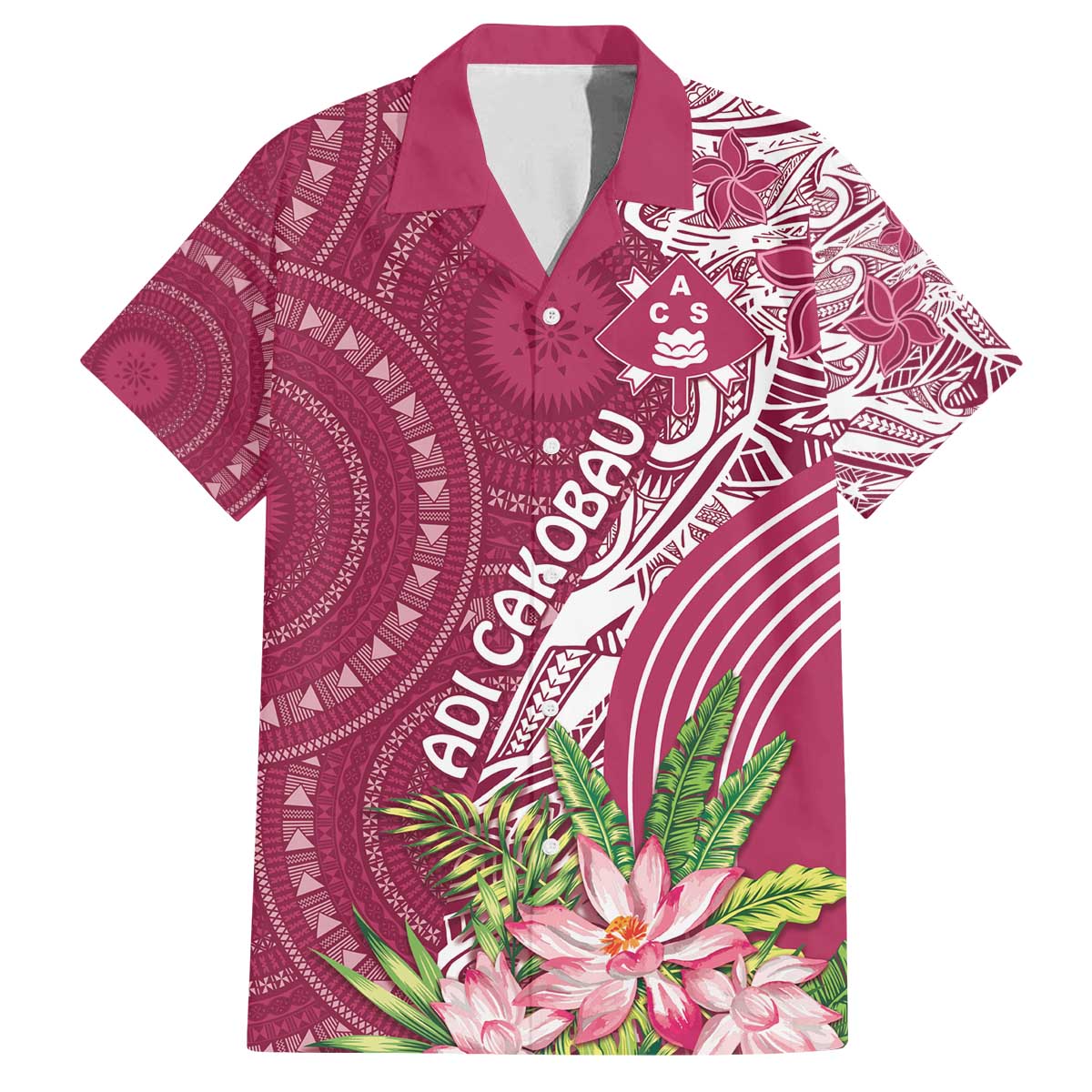 Fiji Adi Cakobau School Personalised Family Matching Off The Shoulder Long Sleeve Dress and Hawaiian Shirt Masi Tapa Mix Plumeria LT7 Dad's Shirt - Short Sleeve Maroon - Polynesian Pride