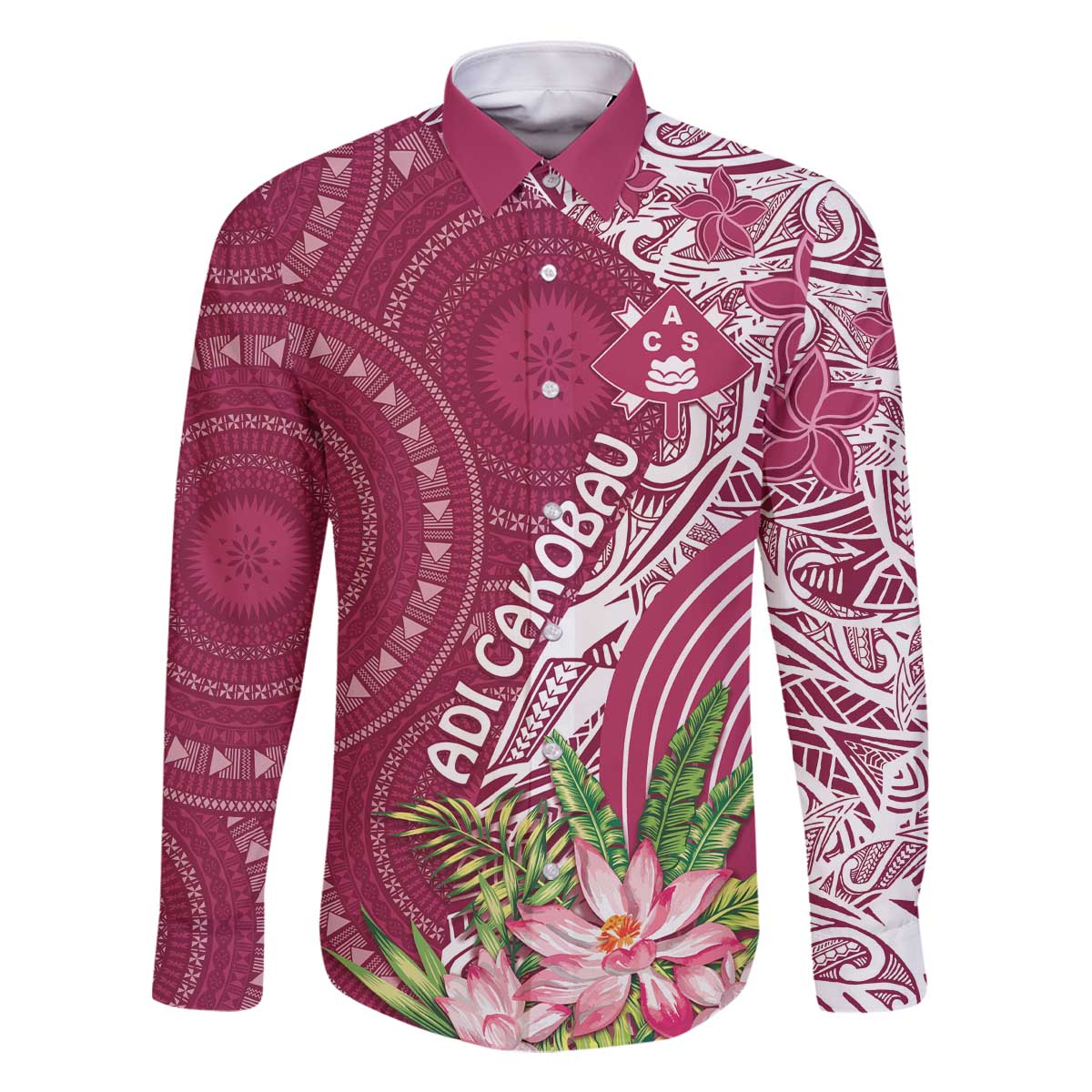 Fiji Adi Cakobau School Personalised Family Matching Off The Shoulder Long Sleeve Dress and Hawaiian Shirt Masi Tapa Mix Plumeria LT7 Dad's Shirt - Long Sleeve Maroon - Polynesian Pride
