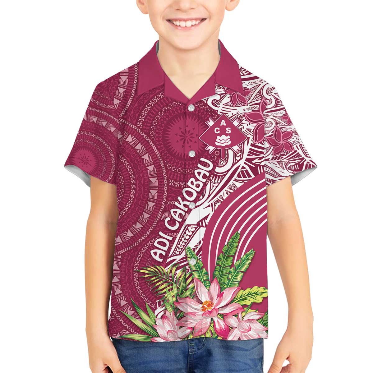 Fiji Adi Cakobau School Personalised Family Matching Off The Shoulder Long Sleeve Dress and Hawaiian Shirt Masi Tapa Mix Plumeria LT7 Son's Shirt Maroon - Polynesian Pride