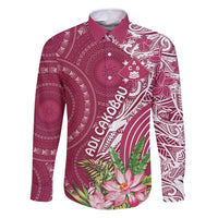 Fiji Adi Cakobau School Personalised Family Matching Off Shoulder Maxi Dress and Hawaiian Shirt Masi Tapa Mix Plumeria LT7 Dad's Shirt - Long Sleeve Maroon - Polynesian Pride