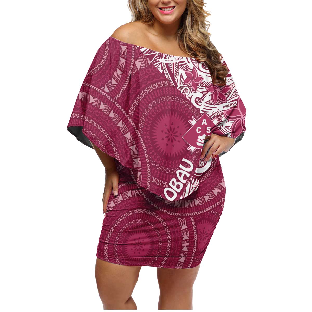 Fiji Adi Cakobau School Personalised Family Matching Off Shoulder Short Dress and Hawaiian Shirt Masi Tapa Mix Plumeria LT7 Mom's Dress Maroon - Polynesian Pride