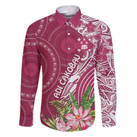 Fiji Adi Cakobau School Personalised Family Matching Puletasi and Hawaiian Shirt Masi Tapa Mix Plumeria LT7 Dad's Shirt - Long Sleeve Maroon - Polynesian Pride