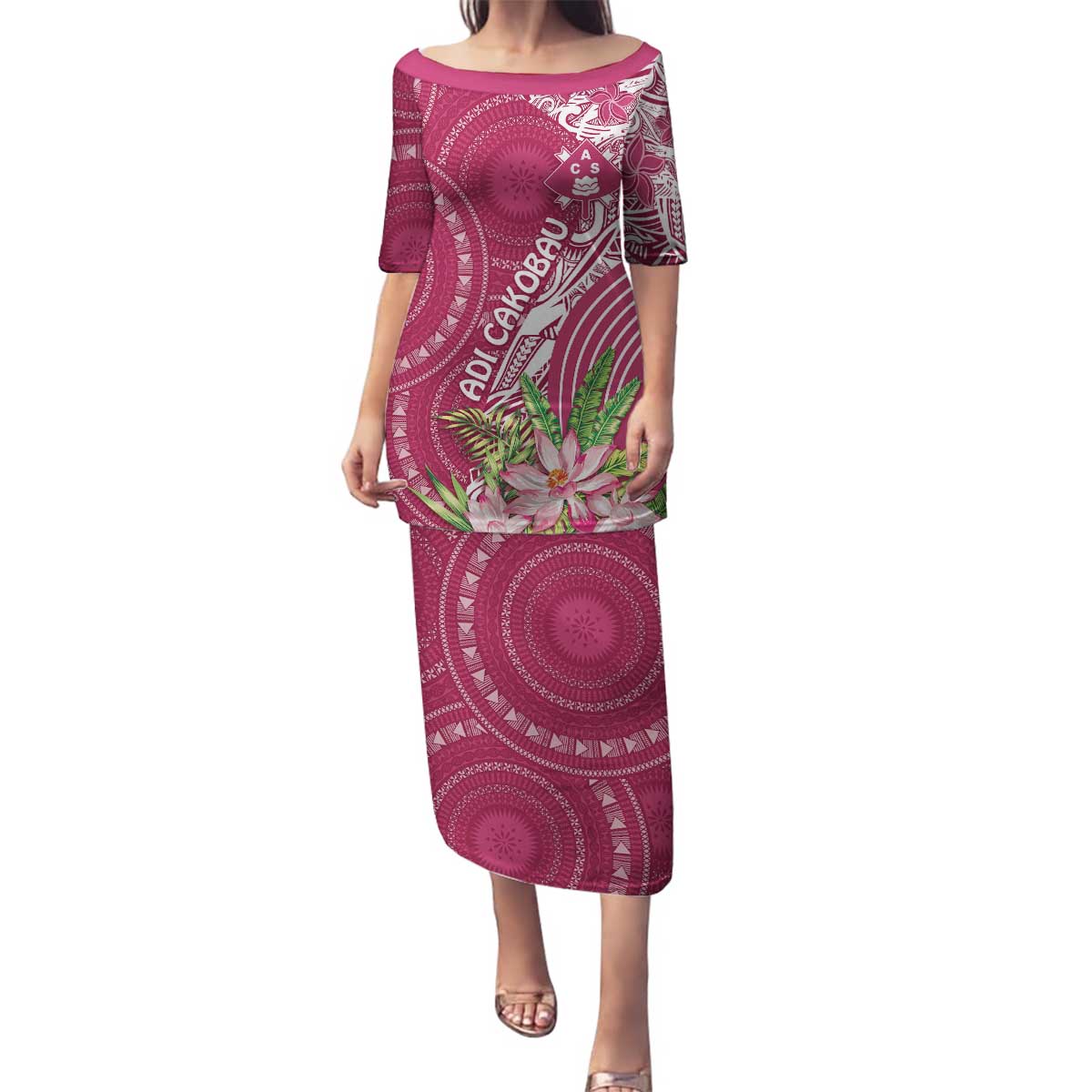 Fiji Adi Cakobau School Personalised Family Matching Puletasi and Hawaiian Shirt Masi Tapa Mix Plumeria LT7 Mom's Dress Maroon - Polynesian Pride