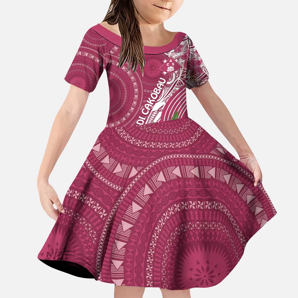 Fiji Adi Cakobau School Personalised Kid Short Sleeve Dress Masi Tapa Mix Plumeria LT7 KID Maroon - Polynesian Pride