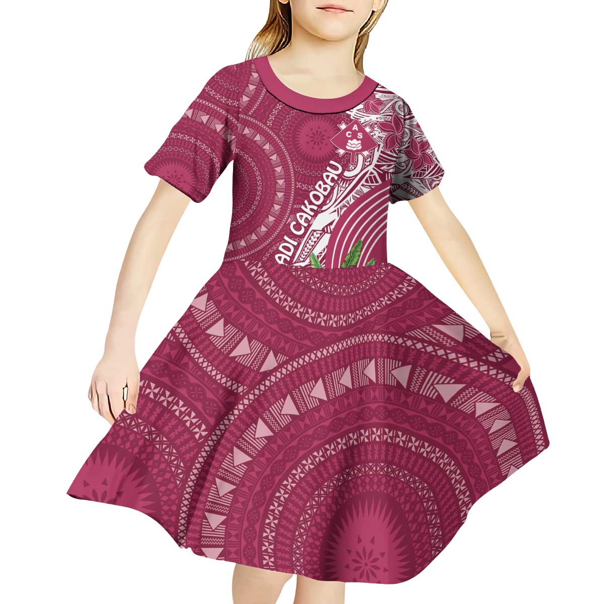 Fiji Adi Cakobau School Personalised Kid Short Sleeve Dress Masi Tapa Mix Plumeria LT7 - Polynesian Pride
