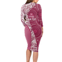Fiji Adi Cakobau School Personalised Long Sleeve Bodycon Dress Masi Tapa Mix Plumeria LT7 - Polynesian Pride