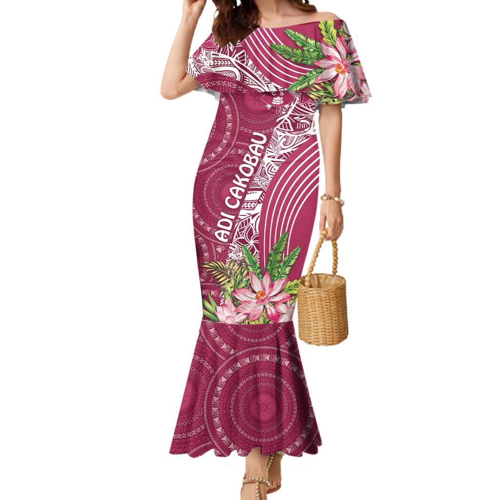 Fiji Adi Cakobau School Personalised Mermaid Dress Masi Tapa Mix Plumeria LT7 Women Maroon - Polynesian Pride