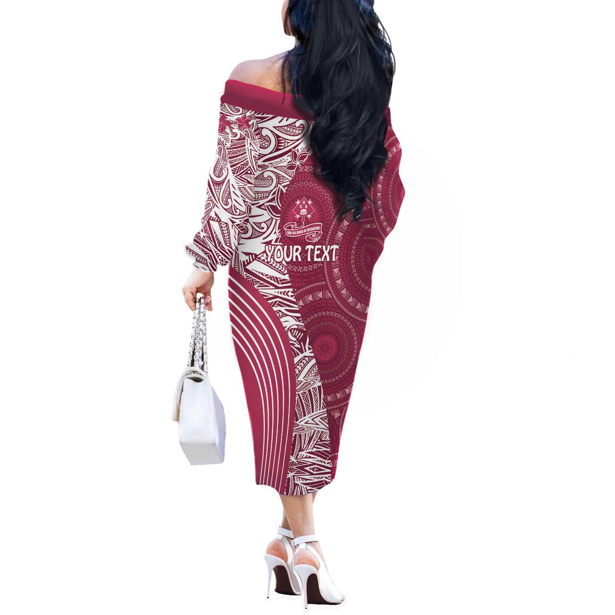 Fiji Adi Cakobau School Personalised Off The Shoulder Long Sleeve Dress Masi Tapa Mix Plumeria LT7 - Polynesian Pride