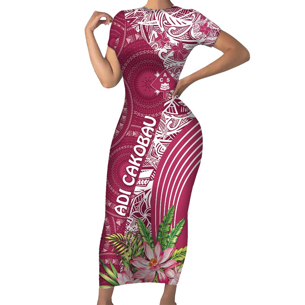 Fiji Adi Cakobau School Personalised Short Sleeve Bodycon Dress Masi Tapa Mix Plumeria LT7 Long Dress Maroon - Polynesian Pride