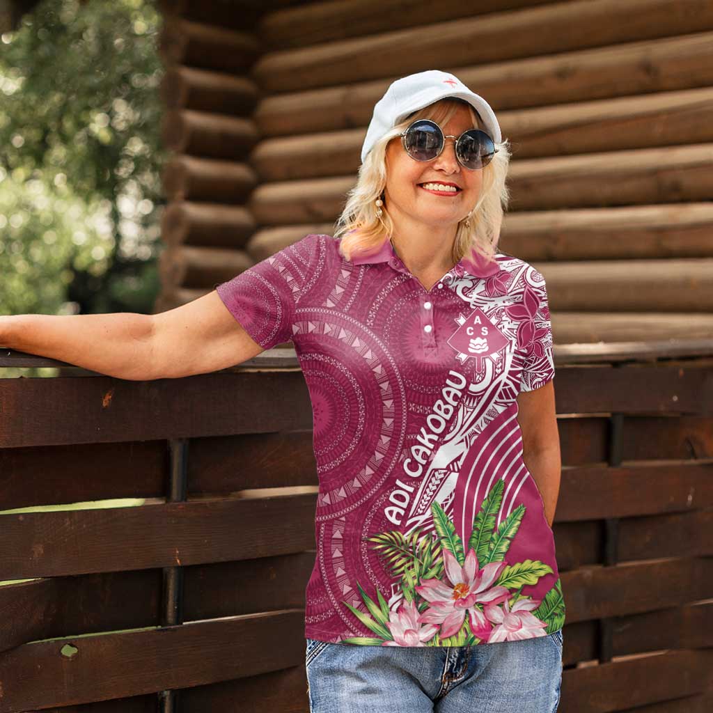 Fiji Adi Cakobau School Personalised Women Polo Shirt Masi Tapa Mix Plumeria