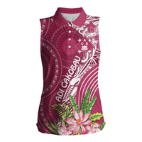 Fiji Adi Cakobau School Personalised Women Sleeveless Polo Shirt Masi Tapa Mix Plumeria LT7 Female Maroon - Polynesian Pride