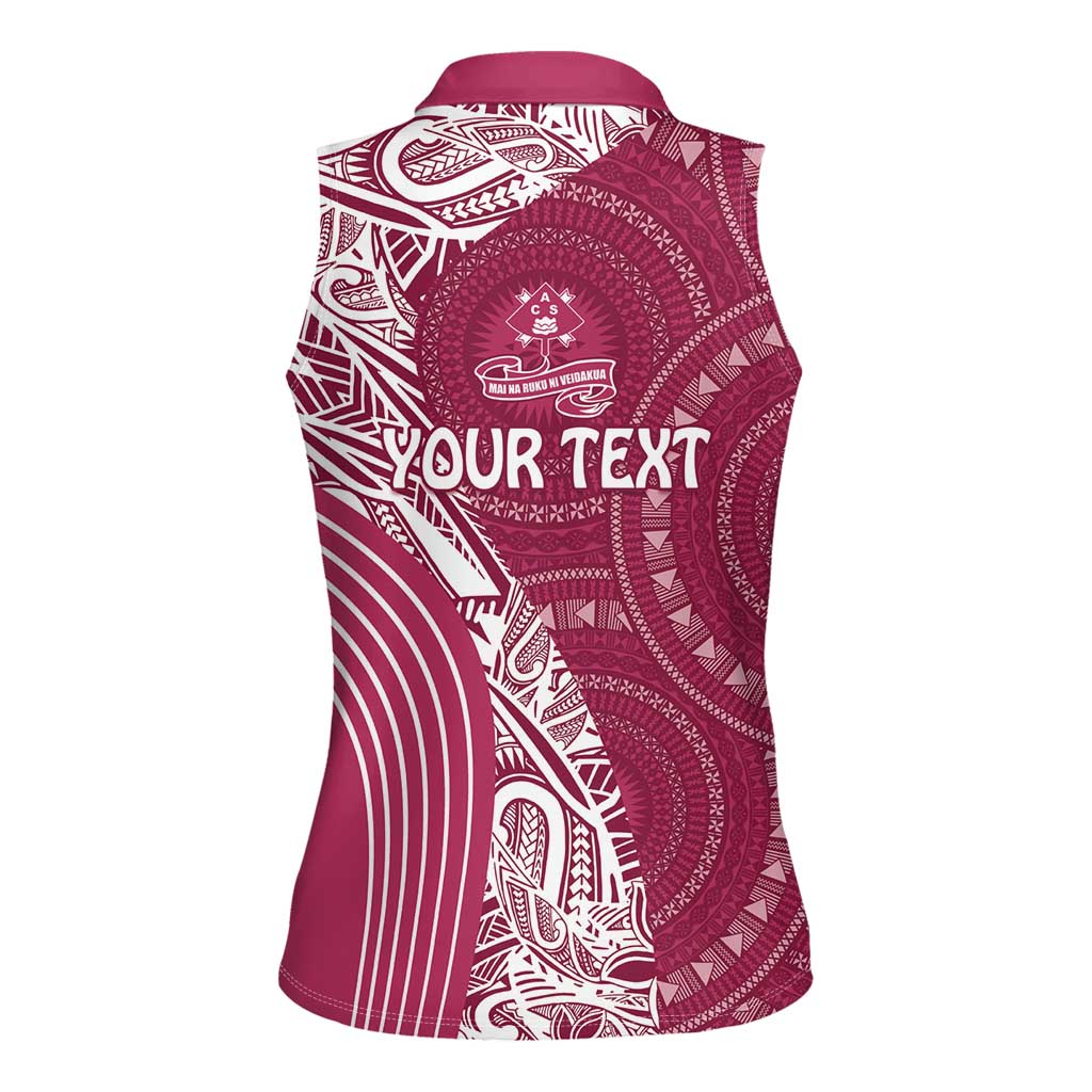 Fiji Adi Cakobau School Personalised Women Sleeveless Polo Shirt Masi Tapa Mix Plumeria LT7 - Polynesian Pride